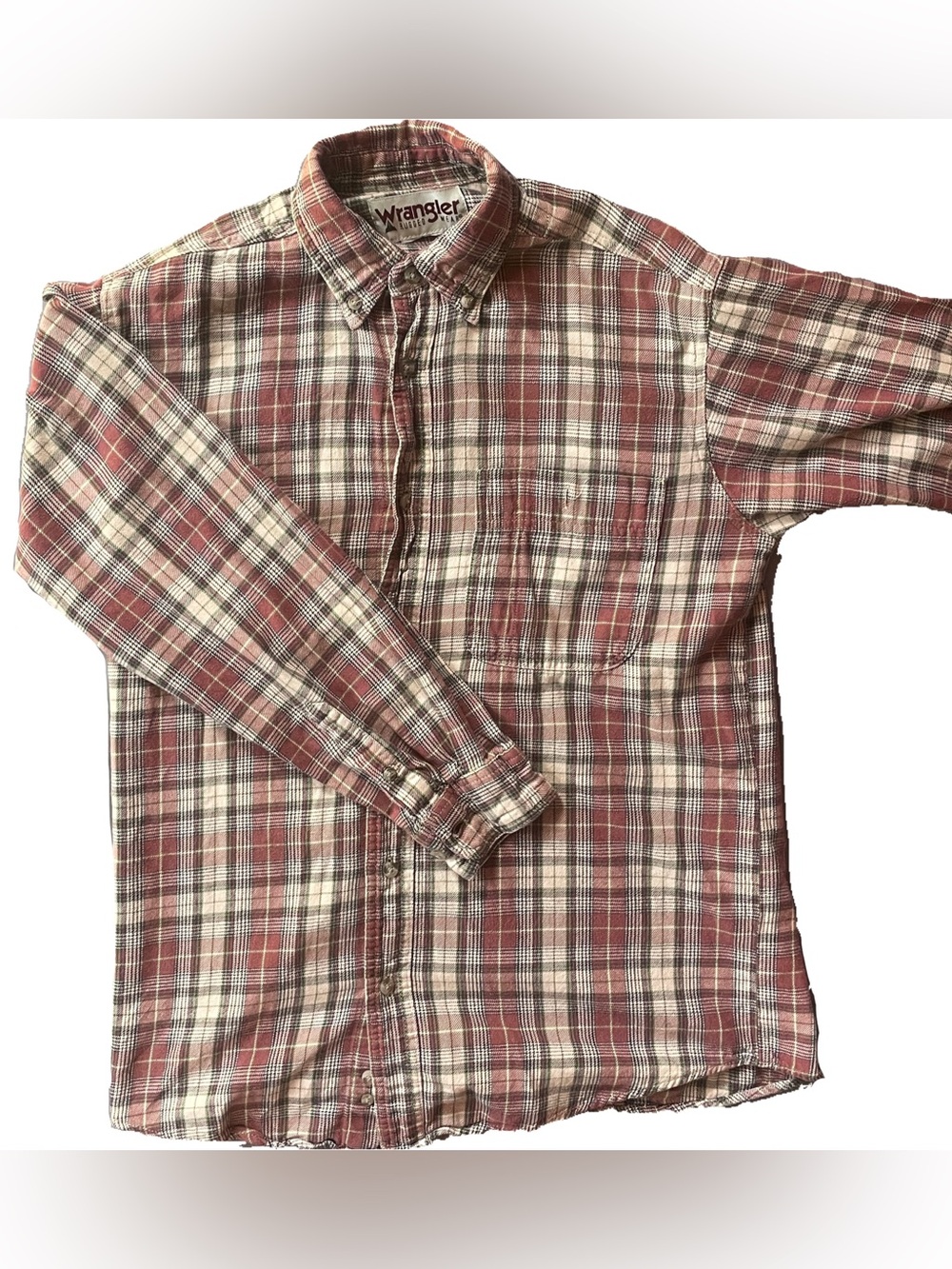 Wrangler Rugged Wear Men's Long Sleeve Plaid Button Up Shirt Red Beige XL AS IS